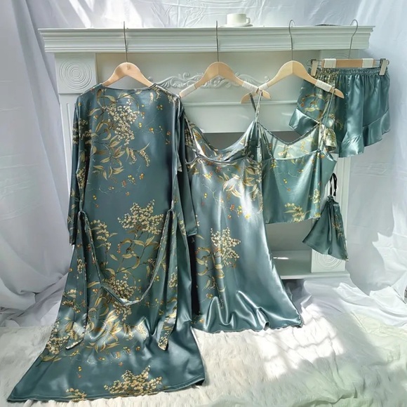 hautesales Other - Satin Pajama Lingerie Set of 4 Pieces Robe Slip Cami Top Shorts